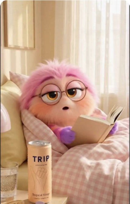 pink Calmling reading in bed with a TRIP drink